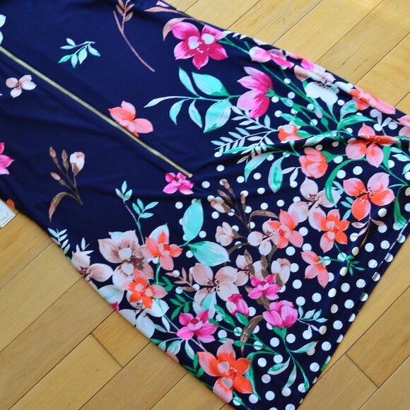 Eliza J Navy Floral Sheath Midi Dress Elbow Sleeve Crew Neck Size 14 NWT - Picture 12 of 13